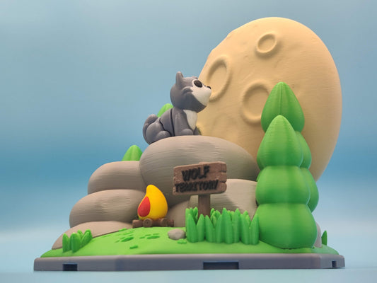 3D Printed Wolf Set with Moon and Campfire – Woodland Display Decor