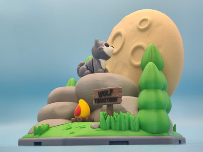 3D Printed Wolf Set with Moon and Campfire – Woodland Display Decor