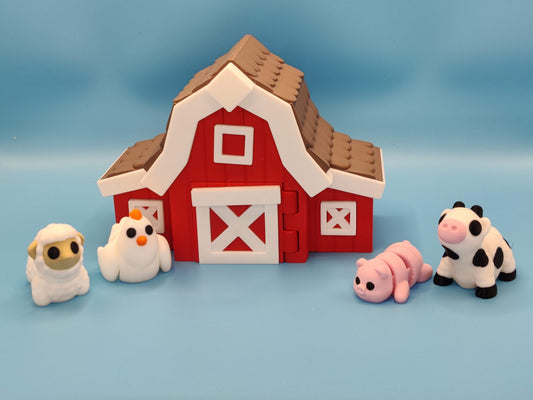 3D Printed Barn Farm Animal Set: Barn with Cow Pig Sheep Chicken