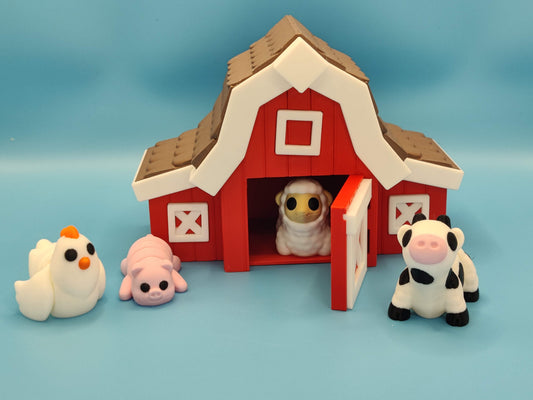 3D Printed Barn Farm Animal Set: Barn with Cow Pig Sheep Chicken