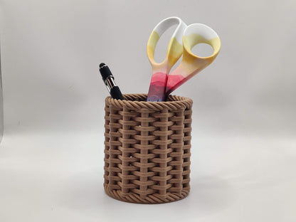 3D Printed Woven Pencil Holder Desk Organizer - Modern Basket Style Pen Cup Office Decor
