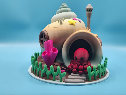 3D Printed Seashell House Ocean Decor with Cute Octopus and Coral Reef Scene