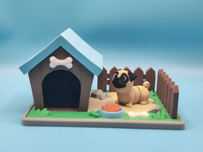 3D Printed Dog House Playset with Pug Mini - Charming Home Decor for Dog Lovers