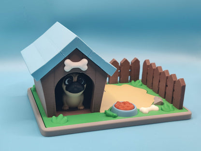 3D Printed Dog House Playset with Pug Mini - Charming Home Decor for Dog Lovers