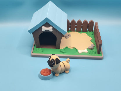 3D Printed Dog House Playset with Pug Mini - Charming Home Decor for Dog Lovers