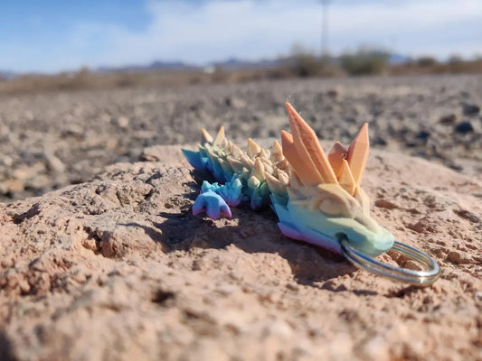 3D Printed Crystal Rainbow Dragon Keychain – Articulating Fantasy Accessory