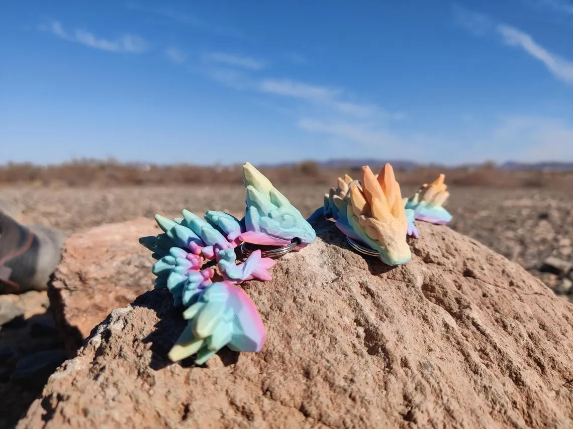 3D Printed Gemstone Rainbow Dragon Keychain – Poseable Articulating Fantasy Accessory