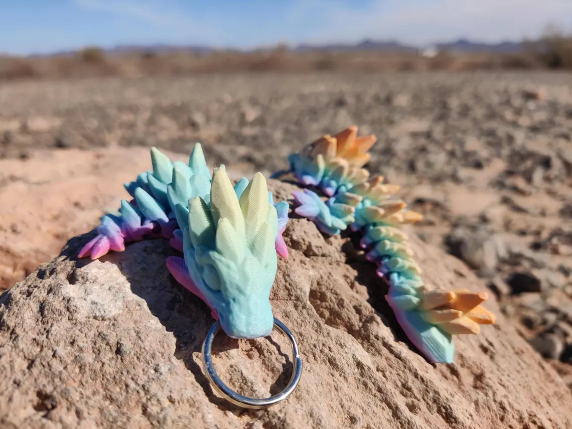 3D Printed Gemstone Rainbow Dragon Keychain – Poseable Articulating Fantasy Accessory