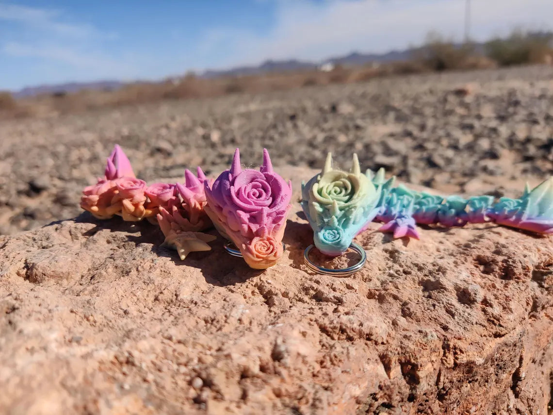 3D Printed Rose Flower Dragon Keychain – Rainbow Articulating Fantasy Accessory