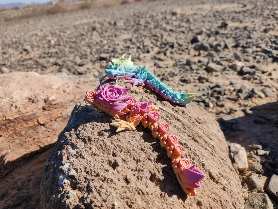 3D Printed Rose Flower Dragon Keychain – Rainbow Articulating Fantasy Accessory