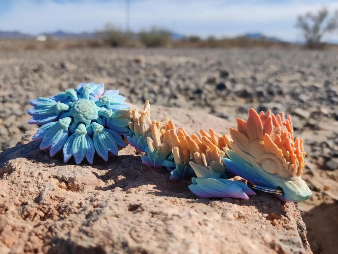 3D Printed Sunflower Flower Spring Dragon Keychain – Poseable Rainbow Fantasy Accessory