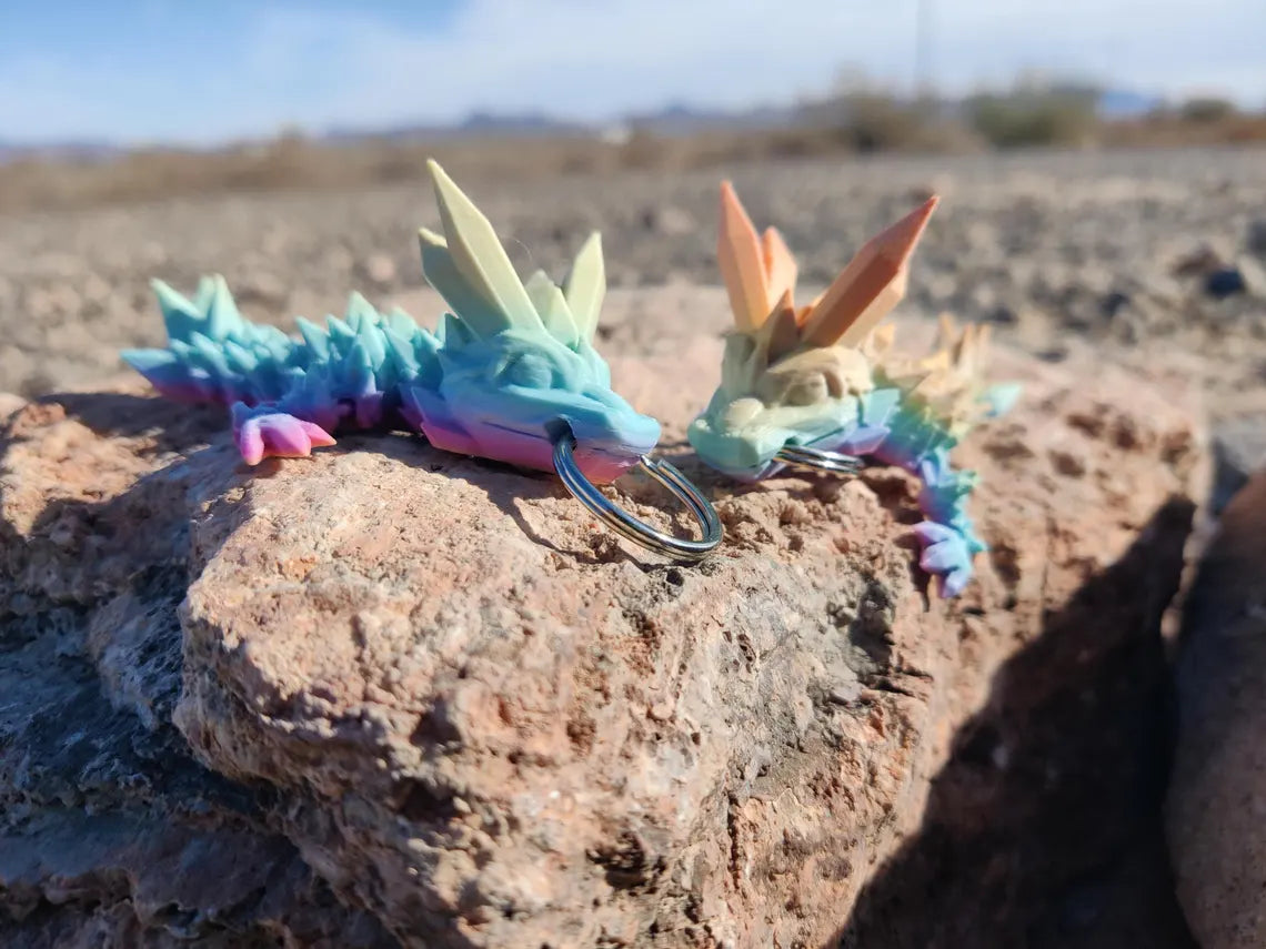 3D Printed Crystal Rainbow Dragon Keychain – Articulating Fantasy Accessory