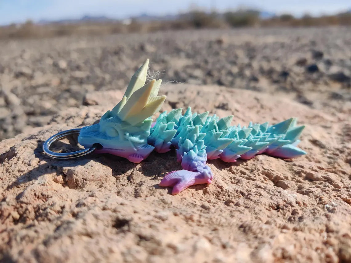 3D Printed Crystal Rainbow Dragon Keychain – Articulating Fantasy Accessory