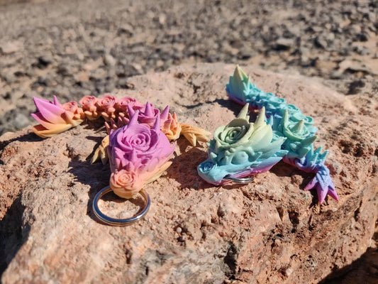 3D Printed Rose Flower Dragon Keychain – Rainbow Articulating Fantasy Accessory