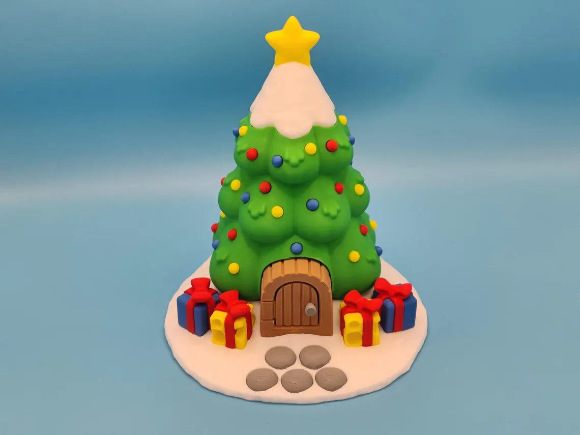 3D Printed Christmas Tree House with Two Mice Figurines