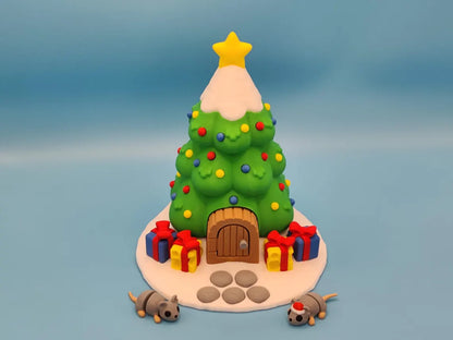 3D Printed Christmas Tree House with Two Mice Figurines