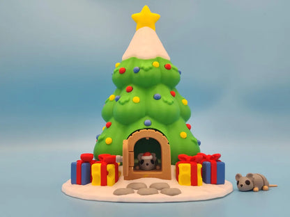 3D Printed Christmas Tree House with Two Mice Figurines